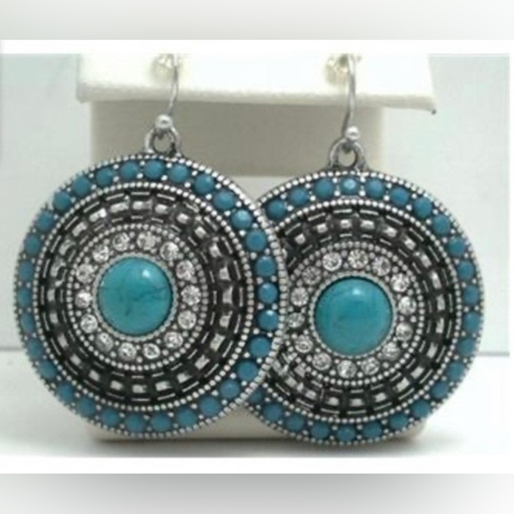 Turquoise and white topaz dangle round earrings
